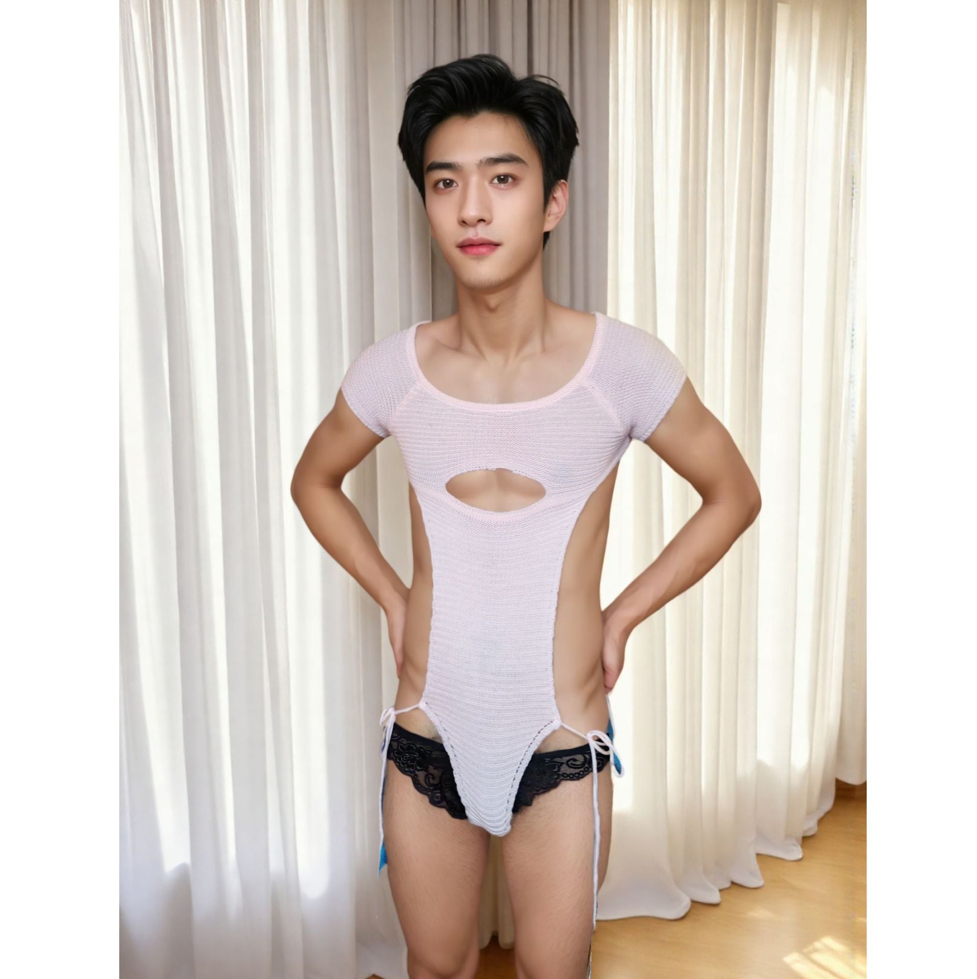 Image of Cross-border foreign trade men’s sexy sweaters beautiful men lace-up hollow uniforms nightclub male model GAY flirting